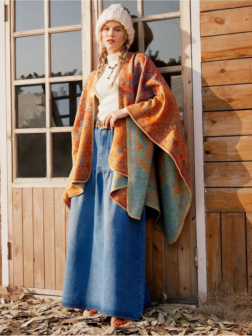 Winter Warm Open Front Reversible Shawl Wrap Cape Poncho Rust-Orange Hemmed Edge